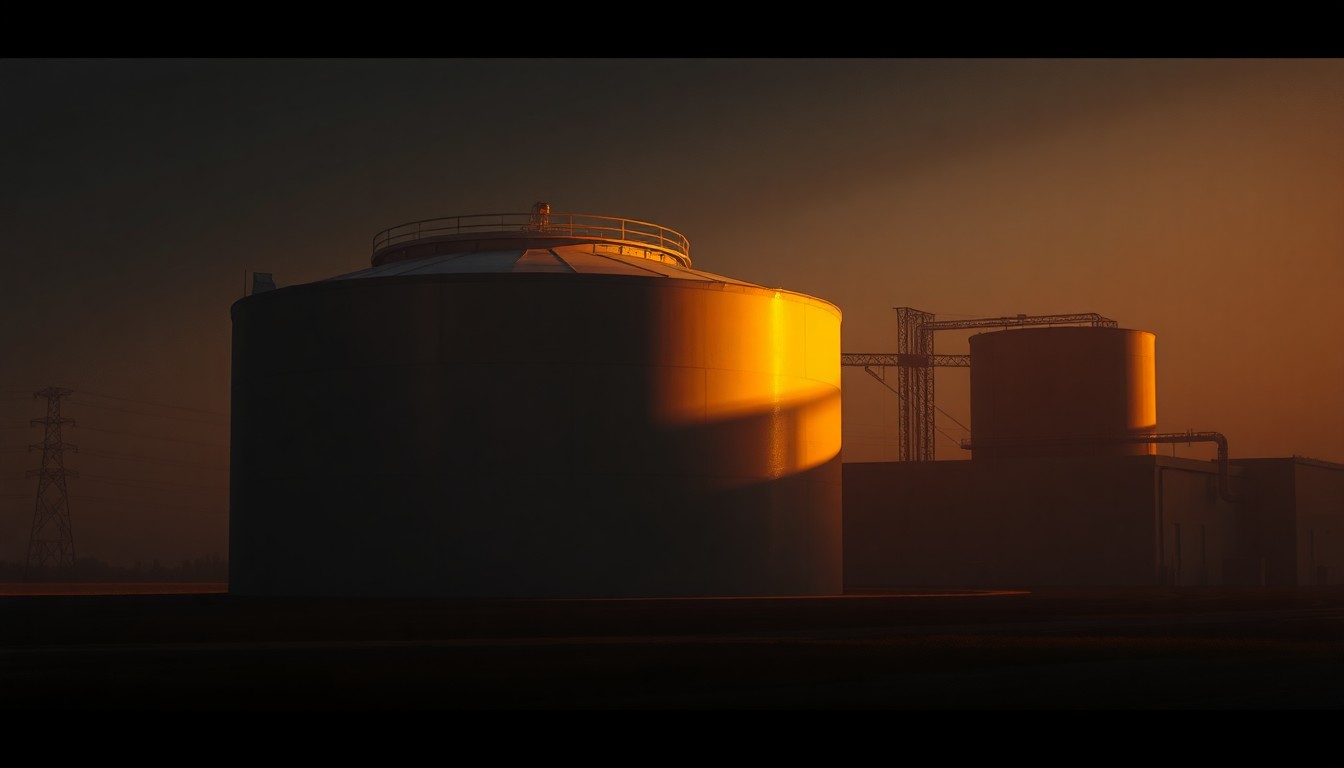 A serene, photorealistic painting of an ethanol storage tank or production facility, with warm sunlight casting long shadows across the scene, conveying a sense of quiet industrialism and the importance of renewable energy.