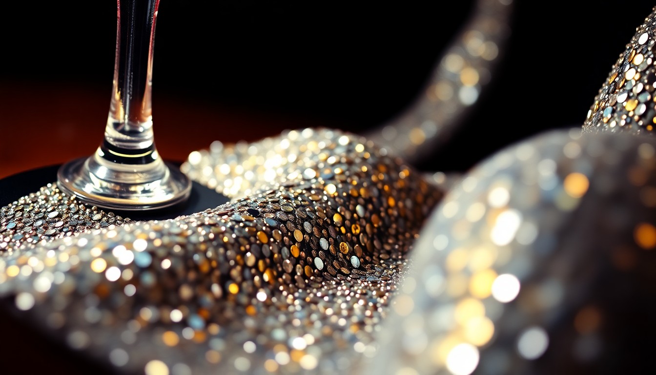 An extreme close-up photograph of shimmering sequins and glittering disco glass, capturing the luxurious textures and dramatic lighting associated with celebrity culture.