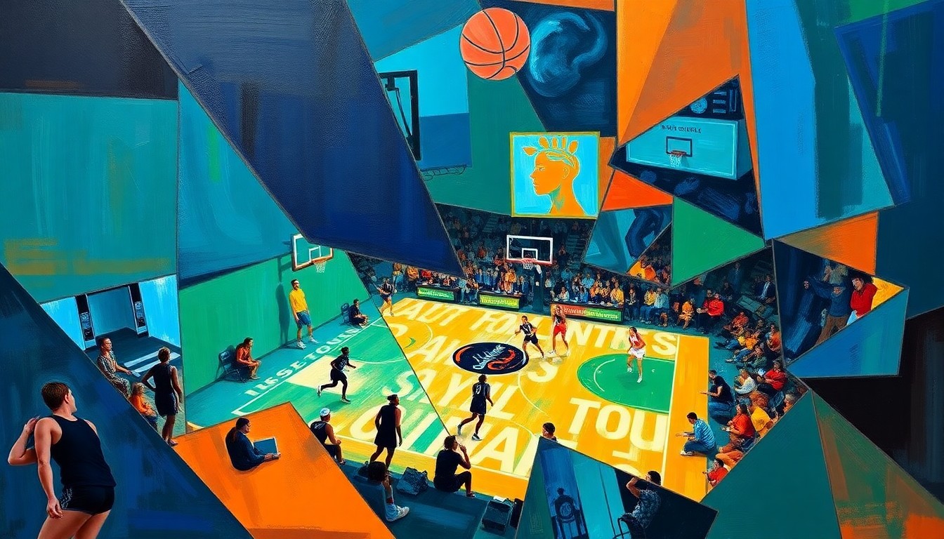 A fragmented, cubist-style painting depicting the action of a women's basketball game, with the court and players broken down into sharp, overlapping geometric shapes in vibrant shades of blue, green, and orange, conveying the complex challenges facing the women's tournament.