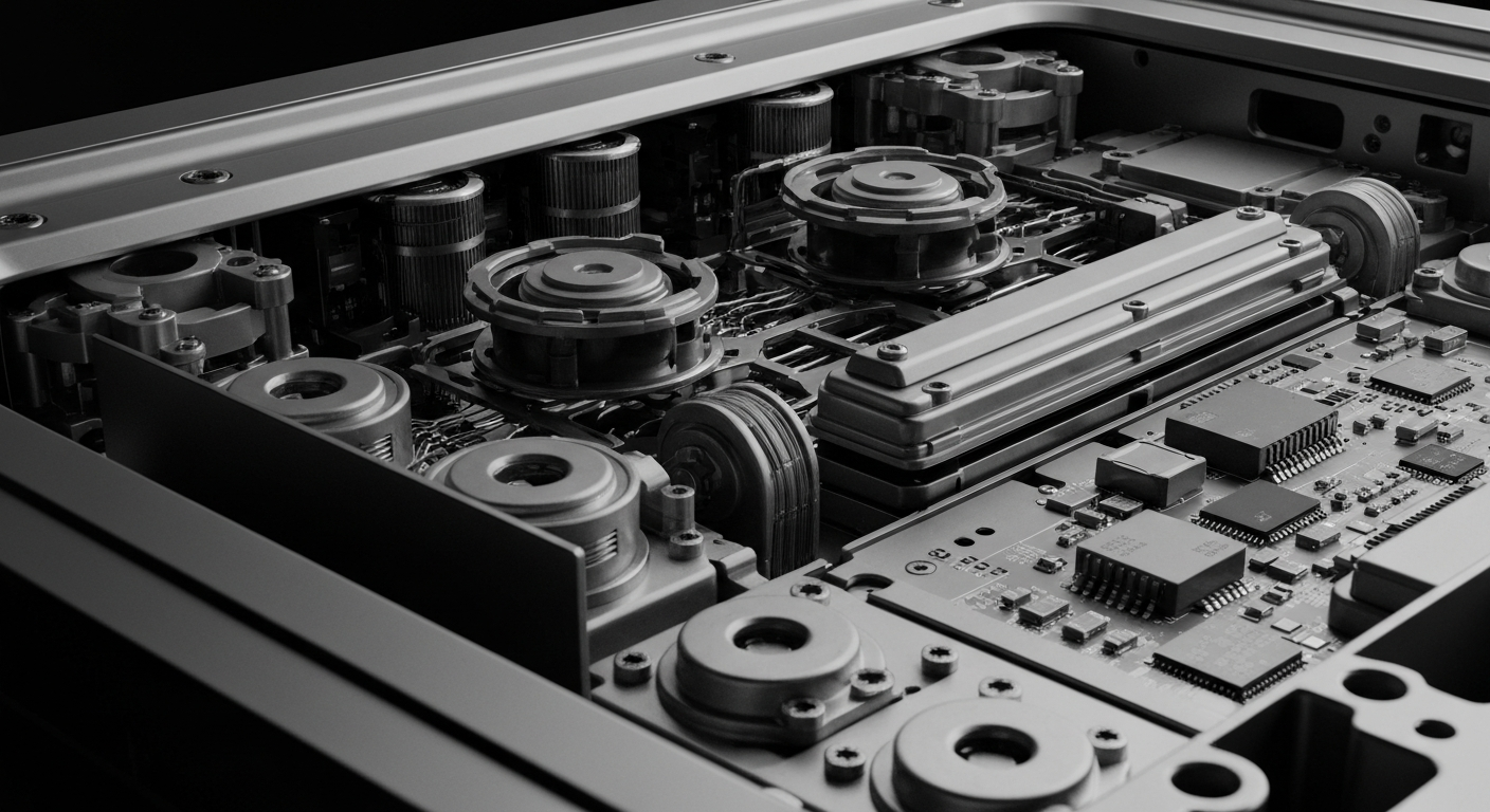 An extreme close-up of the internal components and circuitry of a wireless communications device, rendered in a high-contrast, cinematic style that emphasizes the intricate mechanics powering modern connectivity.