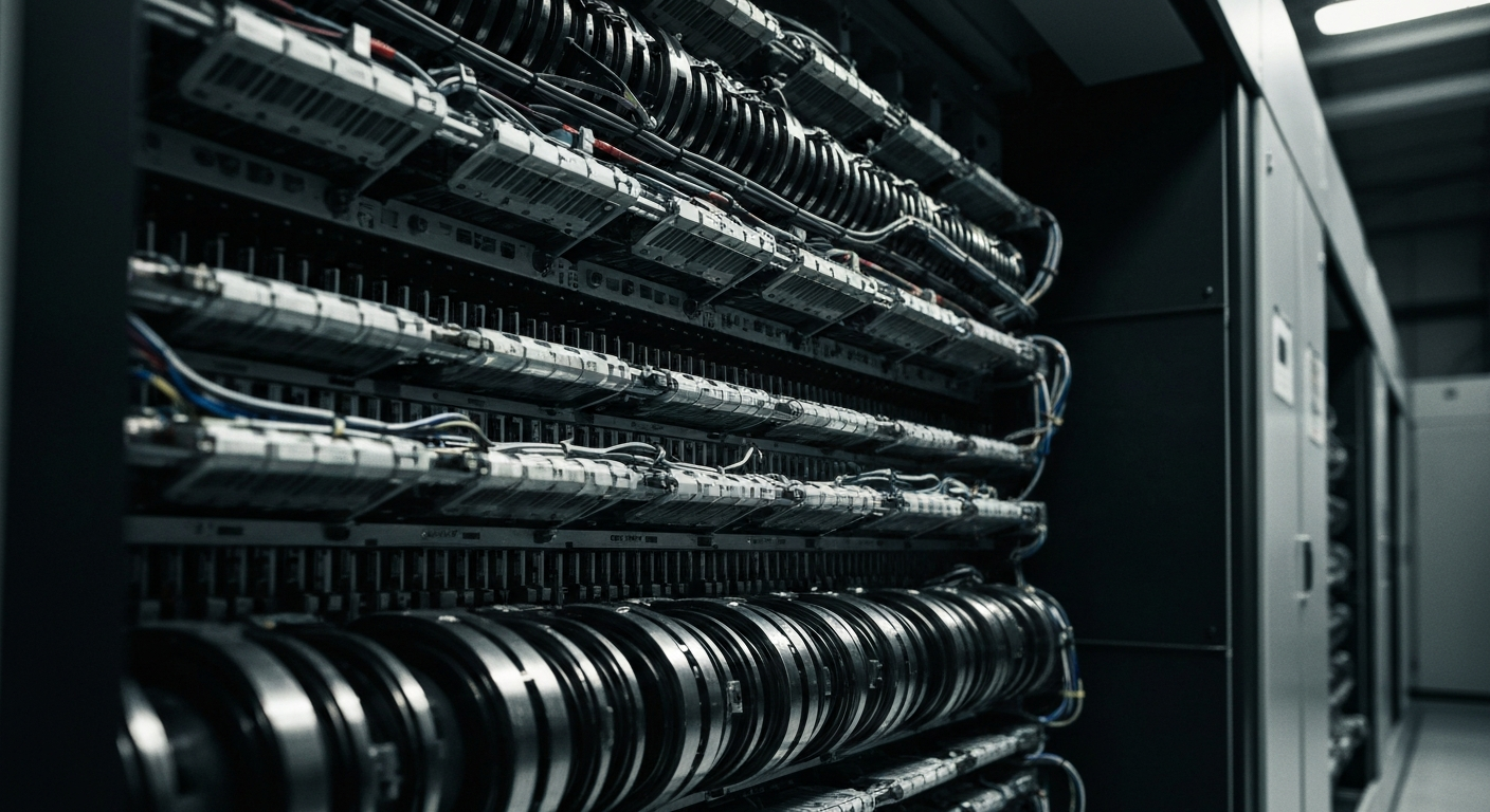 A high-contrast, close-up image of the internal gears, circuits, and mechanical components of a payroll processing system, conveying a sense of the scale and complexity of modern financial technology.