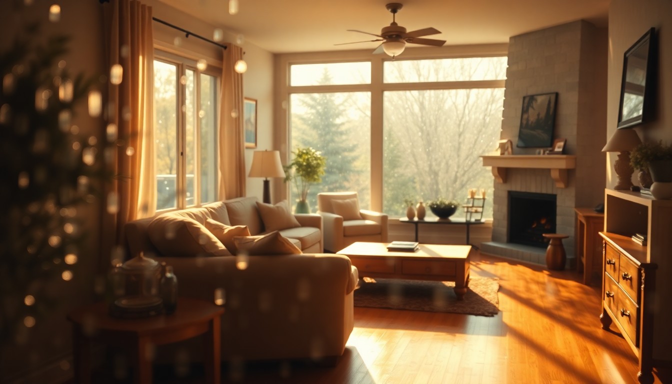An extremely abstracted, out-of-focus photograph of a cozy living room scene, with warm pools of light and soft, blurred edges, conveying a sense of tranquility and comfort.
