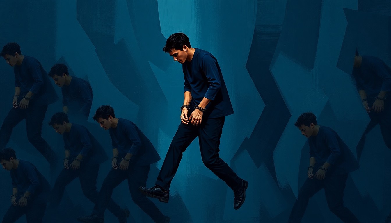 A fractured, abstract painting in shades of blue, gray, and red depicting a handcuffed figure in motion, conveying the political tensions and divided responses surrounding this immigration case.