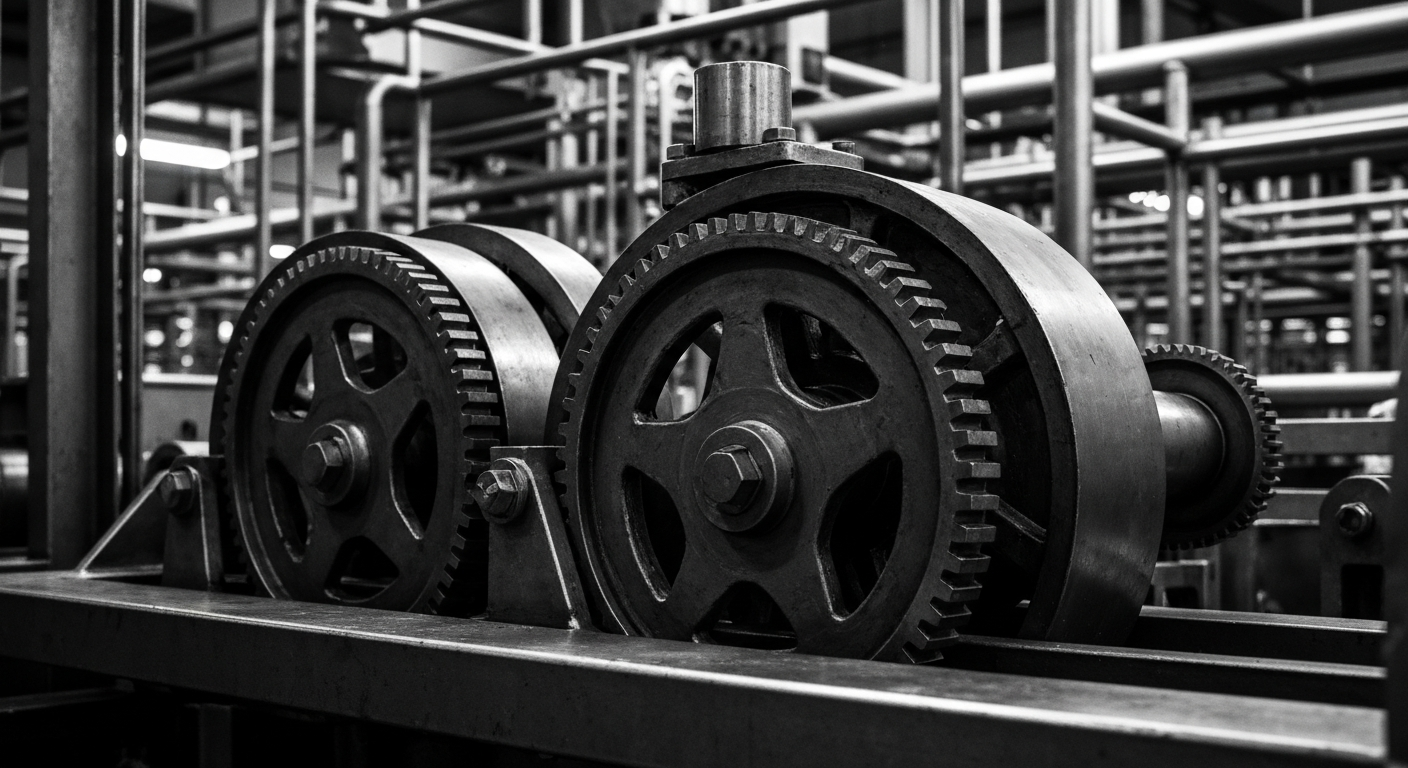 A high-contrast black and white close-up of the complex gears, pipes, and machinery inside an industrial meat processing plant, visually representing the financial security and institutional power of Smithfield Foods' operations.