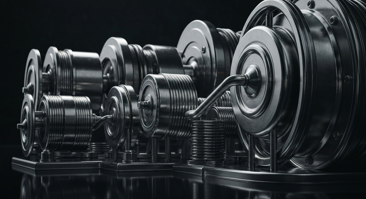 An extreme close-up of heavy, polished banking machinery and equipment, dramatically lit against a dark background, conceptually representing the stability and security of financial institutions and stored wealth.
