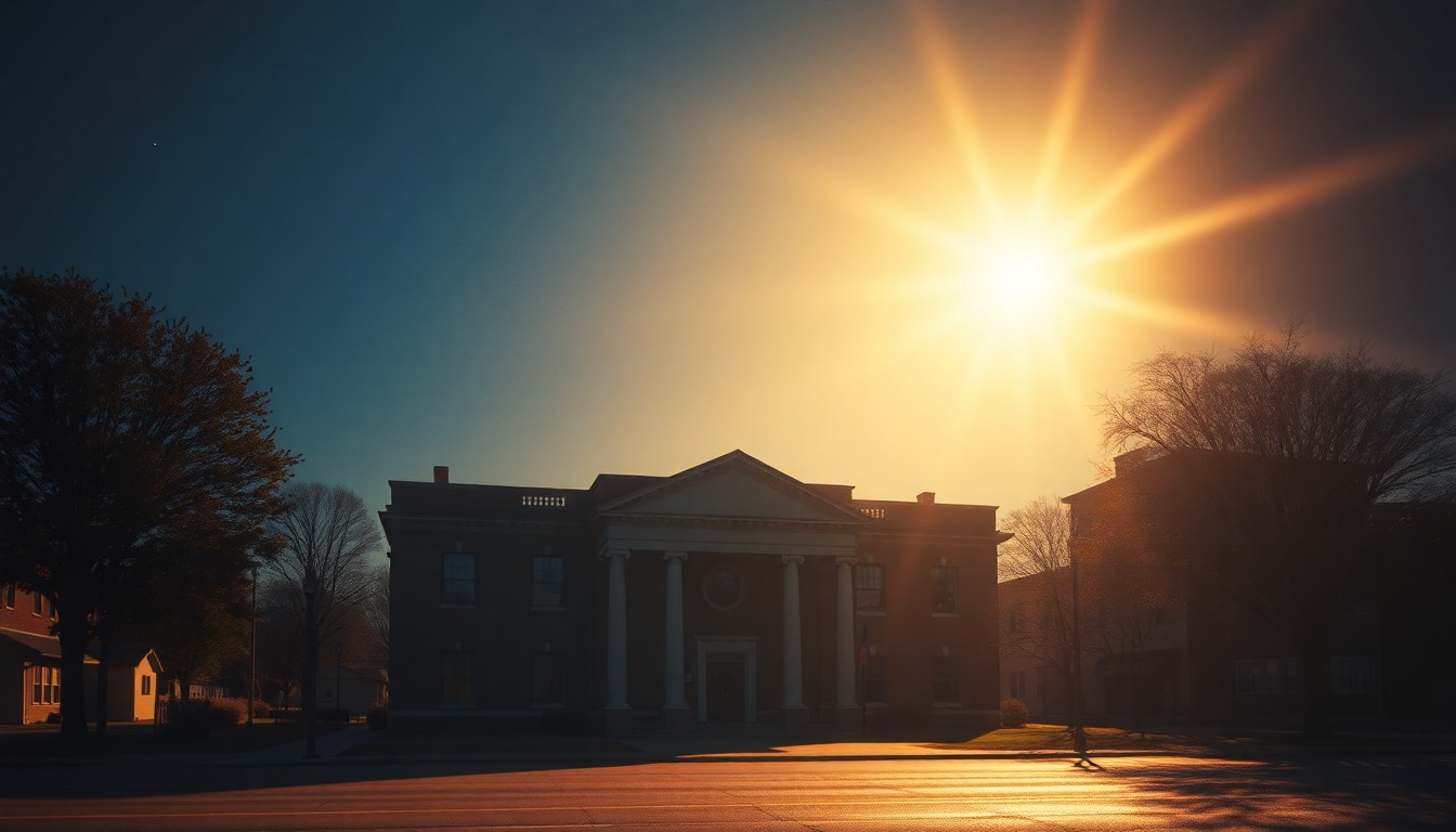 A serene, realistic painting of a government building in warm, golden light, conveying a sense of civic pride and community.