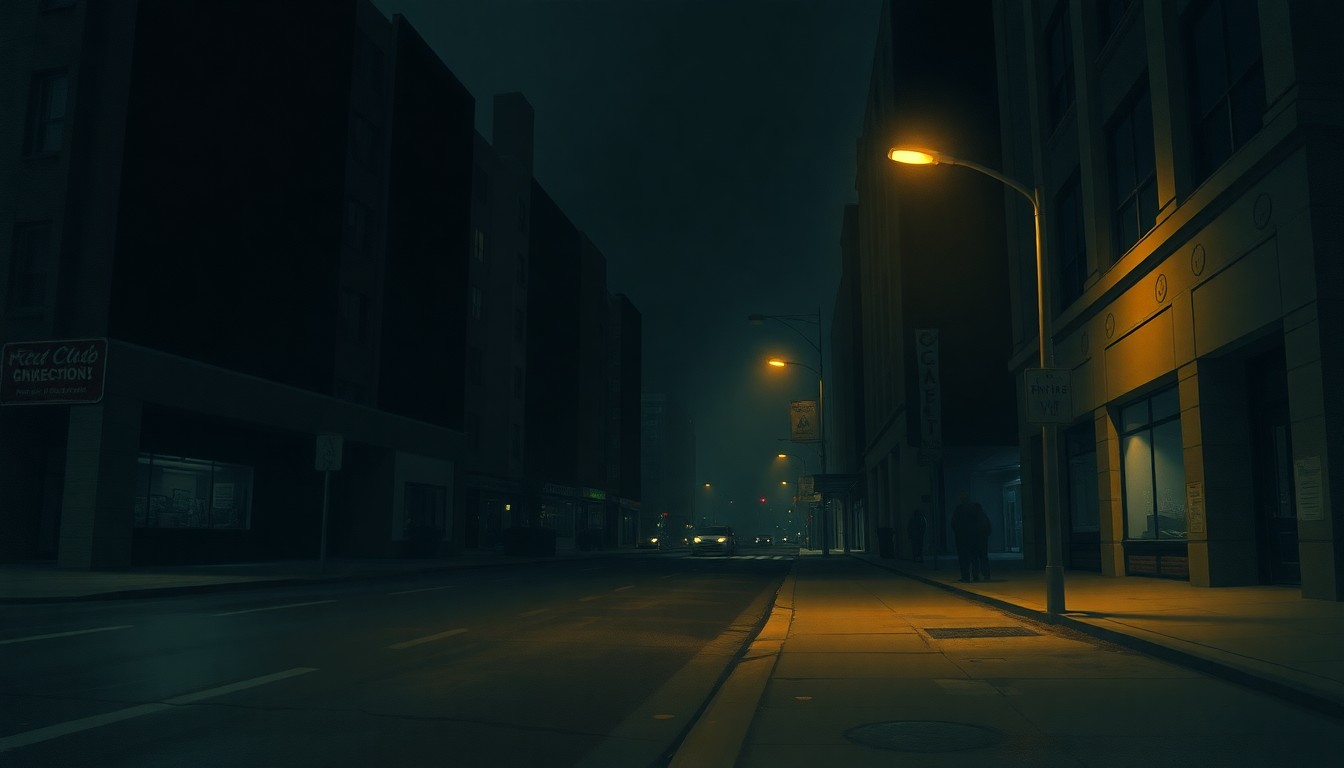 A dimly lit, cinematic painting of an empty city street at night, with a single streetlight casting a warm glow on the sidewalk, conveying a sense of unease and isolation related to political tensions.