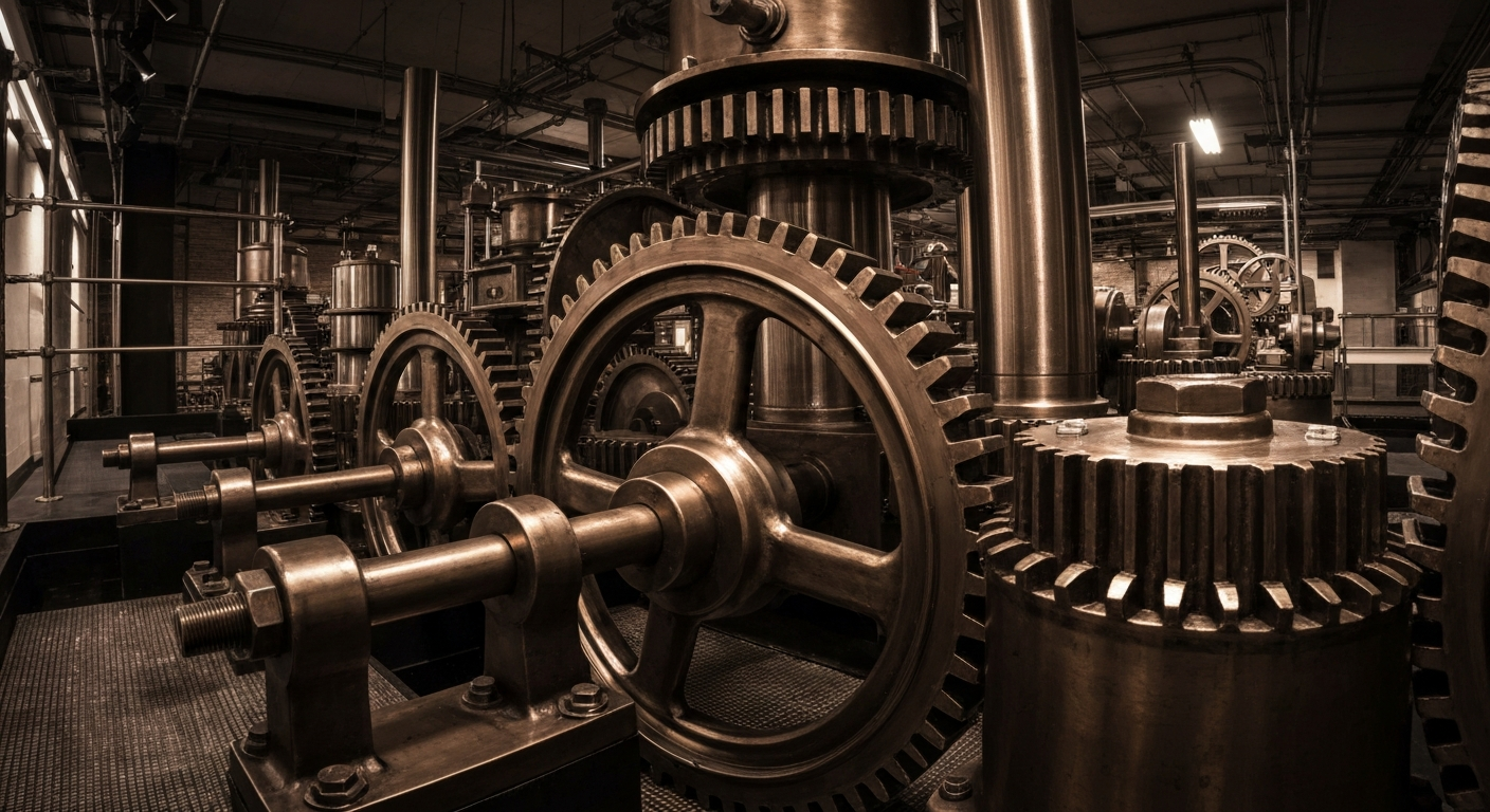 An extreme close-up of interlocking metal gears and machinery, conveying the tangible, industrial nature of financial institutions and corporate power structures.