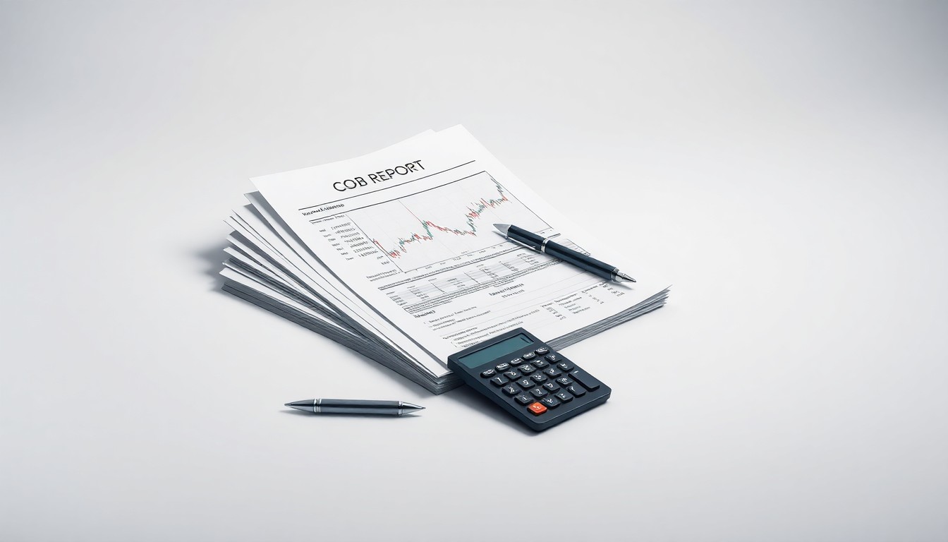 A high-end, photorealistic studio still-life photograph featuring a stack of stock trading reports, a pen, and a calculator arranged elegantly on a clean, monochromatic background, conceptually representing the abstract corporate strategy and finance behind the MasTec director's stock transaction.
