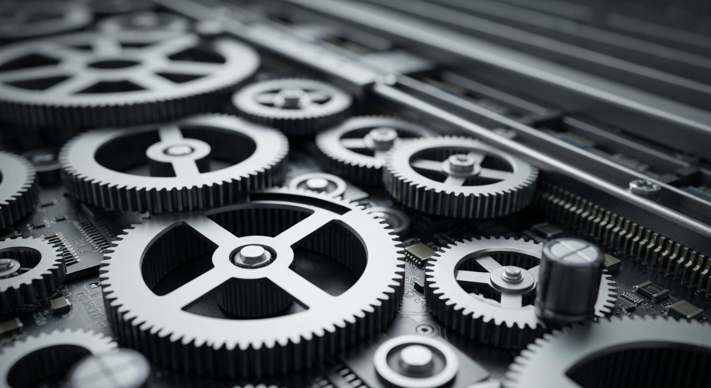 A close-up view of the intricate inner workings of a stock trading terminal, with gears, circuits, and metallic components filling the frame, conceptually representing the complex financial machinery that powers the markets.