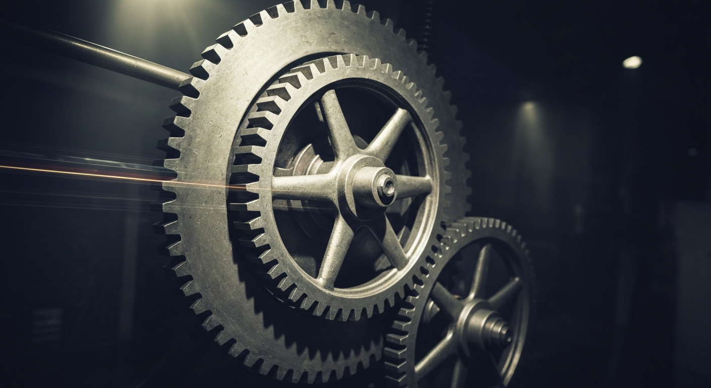 An extreme close-up of intricate, metallic gears and machinery, representing the complex financial and operational infrastructure that underpins Disney's global media empire.