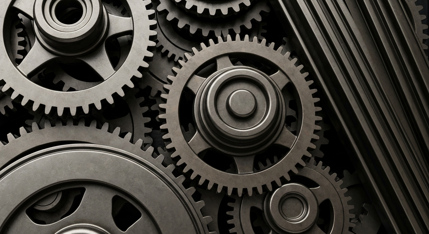 An extreme close-up of interlocking gears, pulleys, and metallic machinery in shades of gunmetal grey, bronze, and black, conceptually representing the complex financial infrastructure and institutional investment powering the fitness industry.