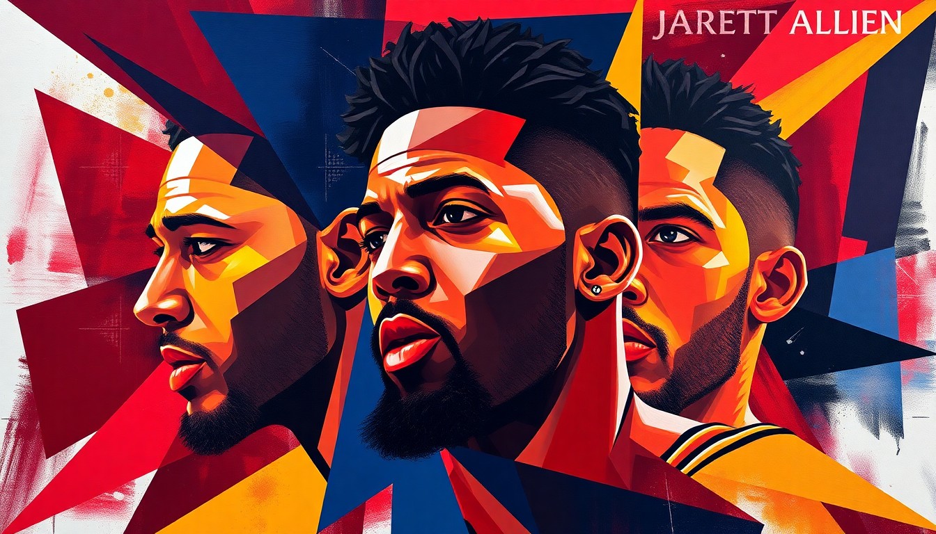 A fractured, cubist-style painting depicting Jarrett Allen's dominant defensive presence and offensive contributions, with sharp, overlapping geometric shapes in the Cavaliers' team colors of wine red, gold, and navy blue.