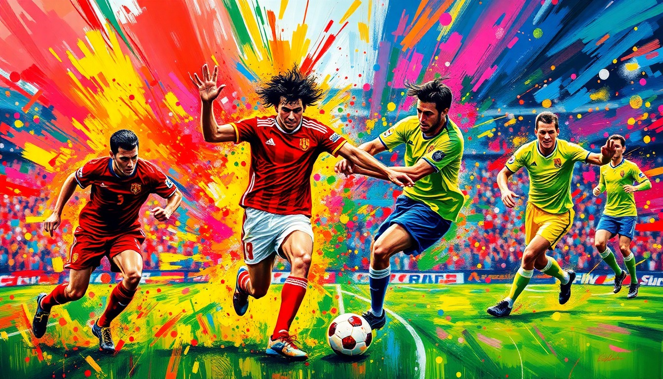 An abstract, expressionist painting in vibrant neon colors, capturing the dynamic energy and raw emotion of a soccer match through a flurry of brushstrokes and dissolving forms.