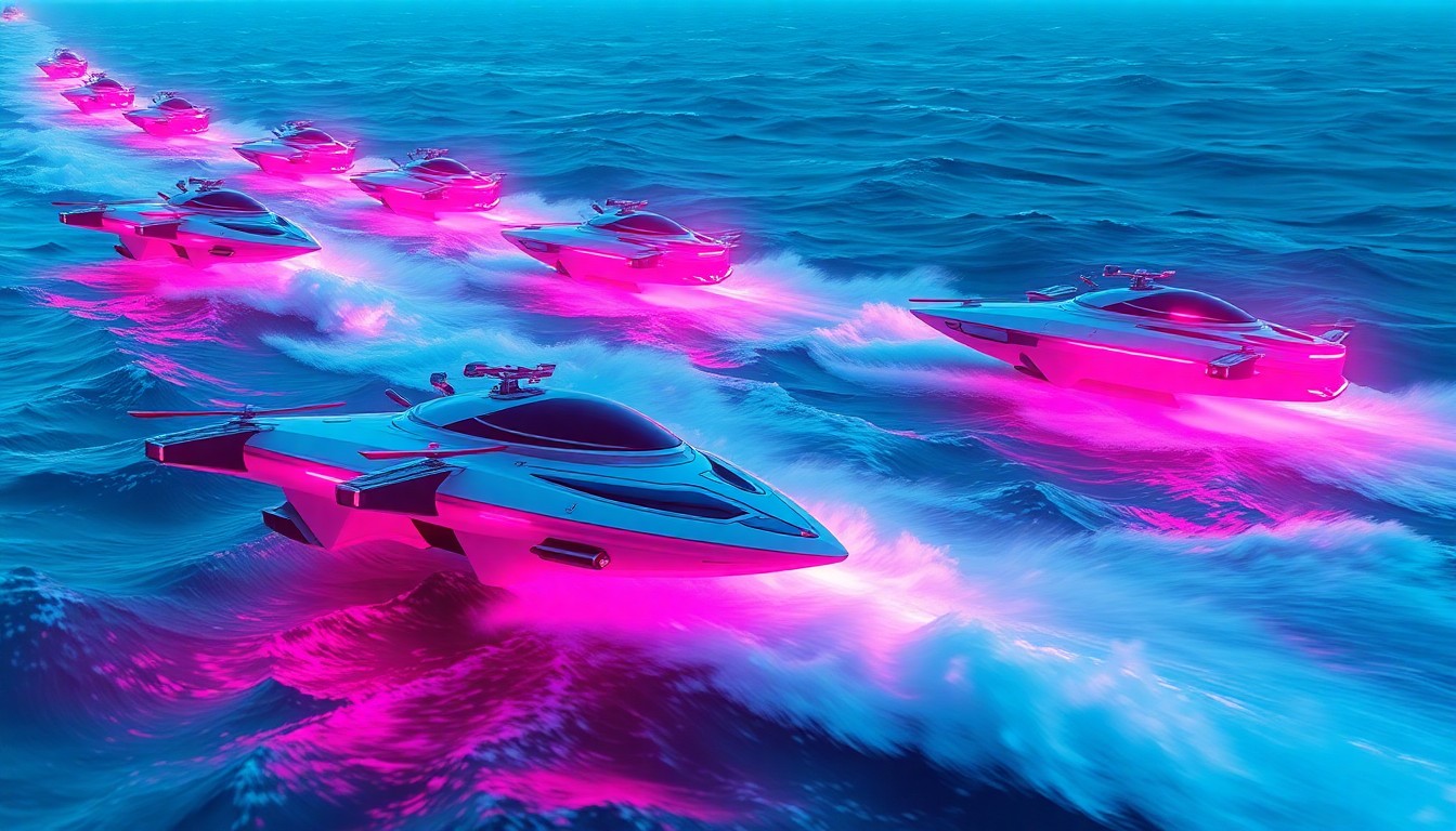 A highly detailed, glowing 3D illustration of a fleet of sleek, futuristic autonomous drone speedboats surging through turbulent waters, equipped with advanced sensors and weaponry, representing the cutting edge of naval technology.