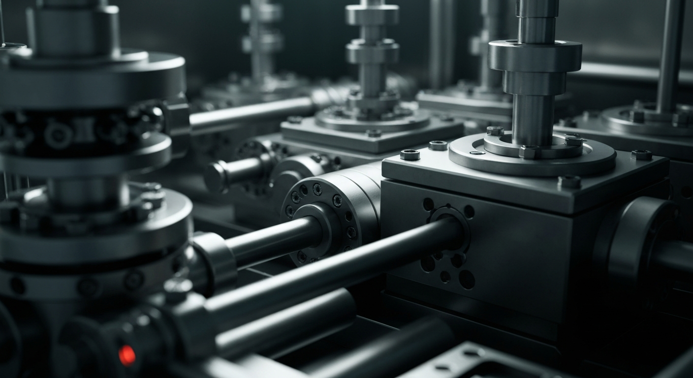 An extreme close-up of complex, metallic biotech machinery and equipment, conveying the technical sophistication and capital-intensive nature of the pharmaceutical industry.