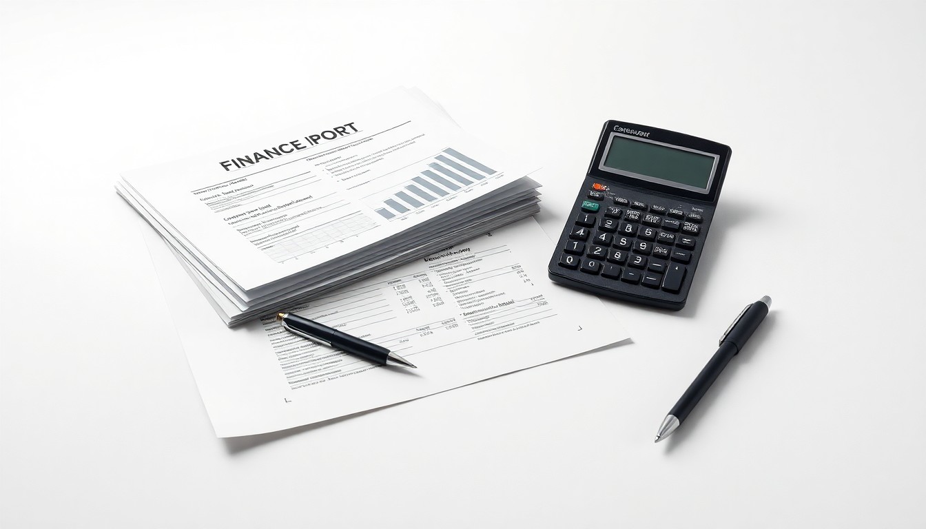 A minimalist studio still life photograph featuring a stack of financial reports, a calculator, and a pen arranged on a clean, monochromatic background, conceptually representing the abstract ideas of corporate finance and strategy.