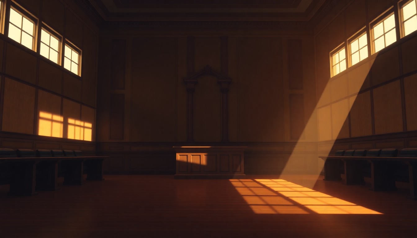 A quiet, cinematic painting of an empty courtroom with warm, diagonal sunlight and deep shadows, conveying a sense of solemn contemplation around new legislation.