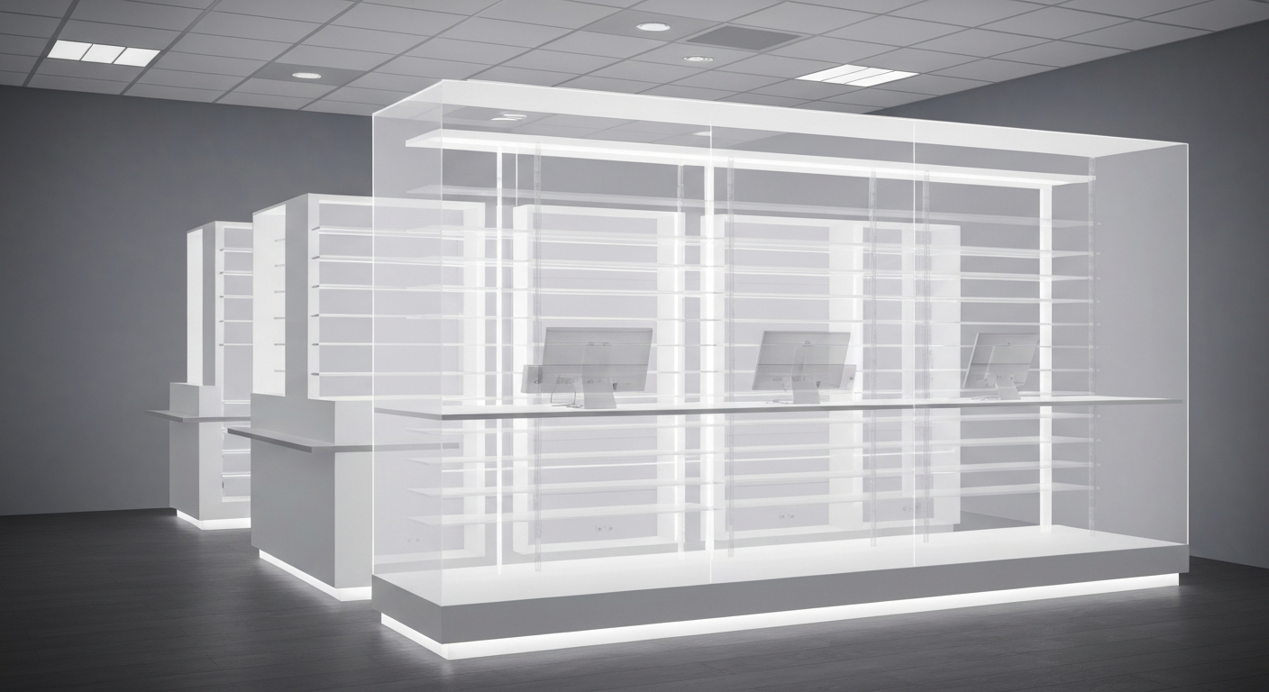 A translucent X-ray photograph revealing the internal structure of a pharmacy counter, its shelves and equipment glowing with a soft, ethereal light, conceptually representing the accessibility and transparency of the new healthcare facility.