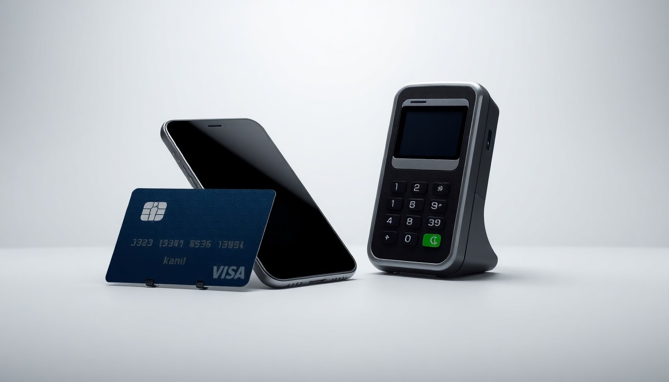 A high-end, photorealistic studio still-life photograph featuring a sleek mobile phone, credit card, and stylized wireless payment terminal arranged elegantly on a clean, monochromatic background, conceptually representing the intersection of mobile technology, fintech, and financial services.