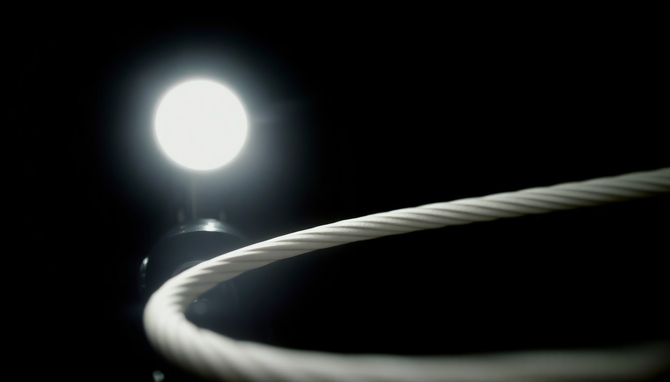An extreme close-up of a metal bicycle cable, its harsh texture and shadows creating a gritty, investigative aesthetic that conceptually represents the physical evidence of child abuse.