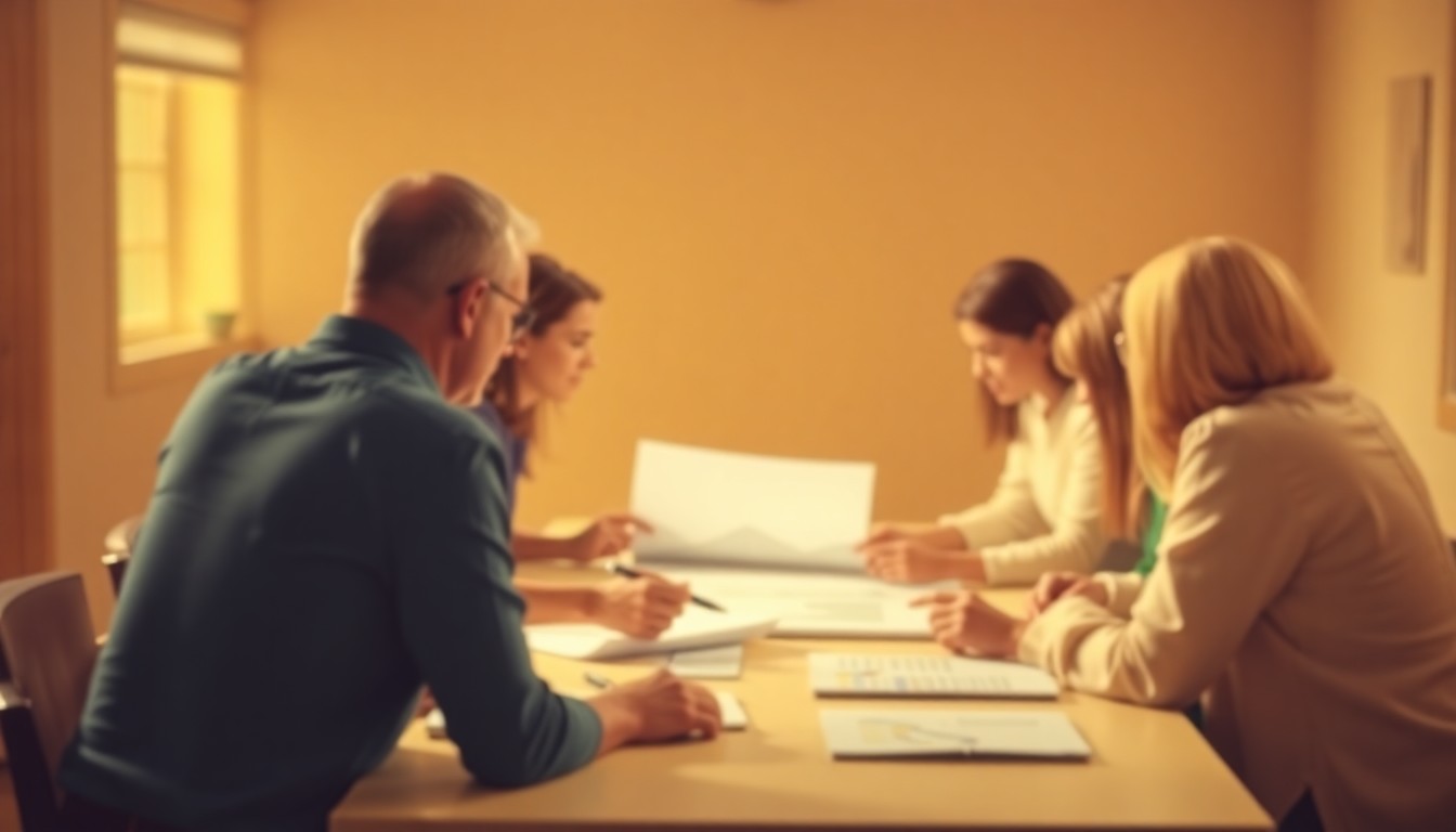 An abstract, out-of-focus photograph in warm, earthy tones depicting a group of people gathered around a table, conceptually representing the collaborative nature of community foundation work.