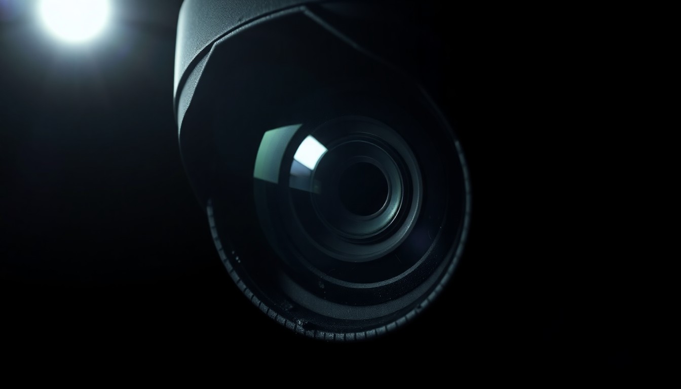 An extreme close-up photograph of a damaged museum security camera lens, the harsh flash creating a stark, gritty aesthetic that conceptually represents the investigative nature of this art theft case.