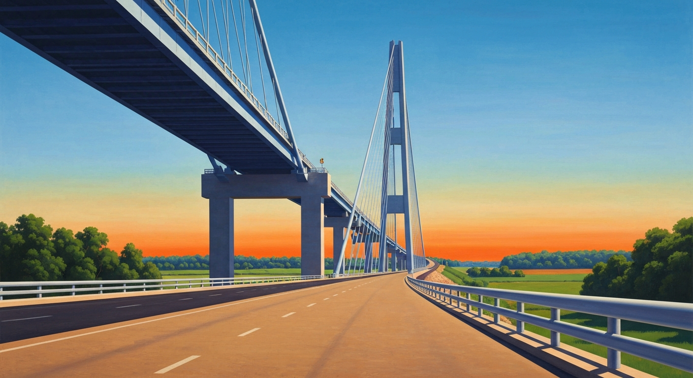 A heavily stylized, abstract illustration depicting the sweeping, monumental scale of a rural bridge replacement project, with bold geometric shapes, smooth gradients, and a sense of grandeur and modernist design.