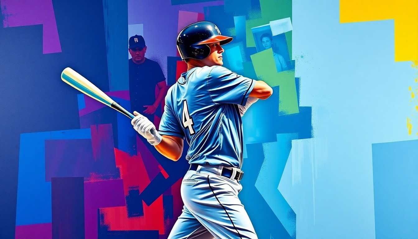 A fragmented, geometric painting depicting a baseball player's batting stance and swing, with sharp planes of color representing the Tampa Bay Rays' uniform palette, conveying the raw energy and potential of the team's young star.