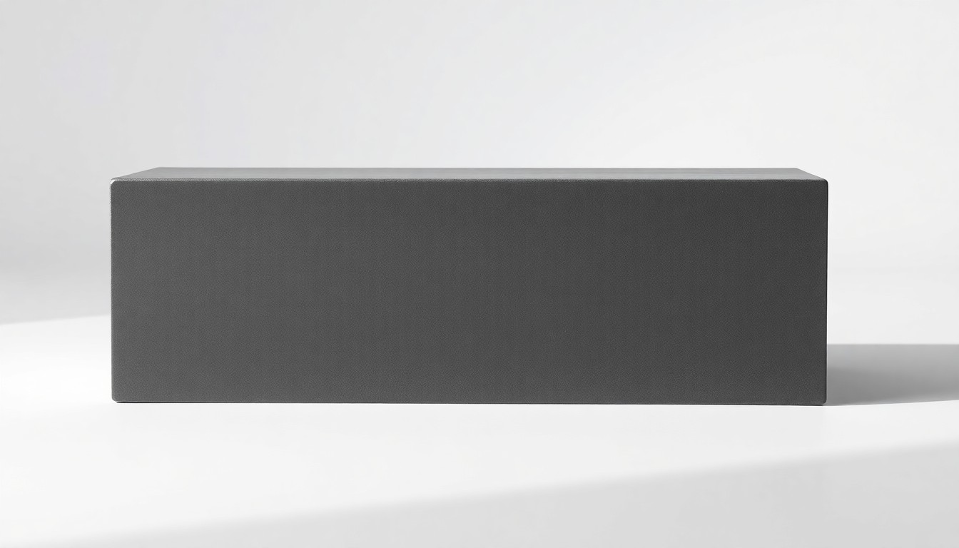 A high-end, photorealistic studio still-life photograph featuring a polished, geometric concrete block in a deep charcoal gray color, resting on a clean white seamless background and dramatically lit from the side to highlight the smooth, premium materiality.