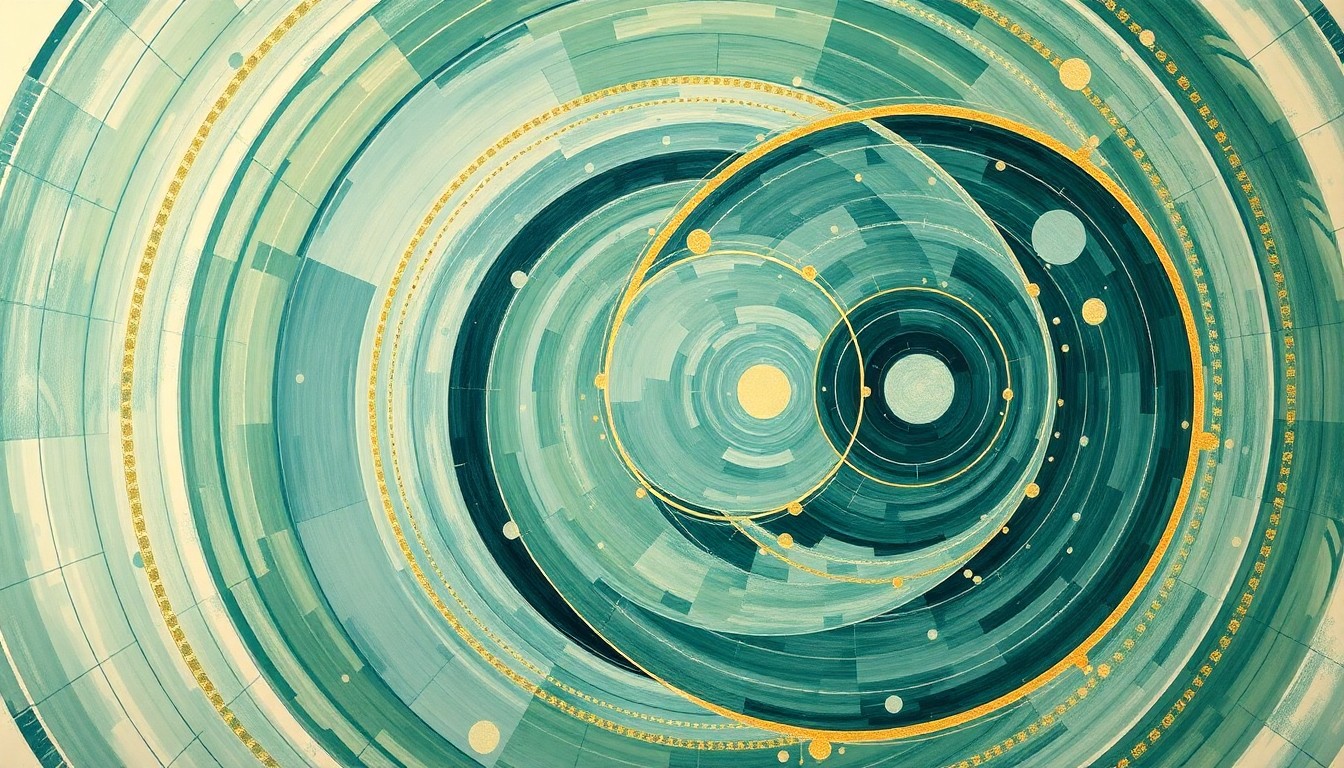 A highly structured abstract painting in muted tones of blue, green, and gold, featuring sweeping geometric arcs, concentric planetary circles, and precise botanical spirals, conceptually representing the complex forces and scientific concepts behind space exploration.