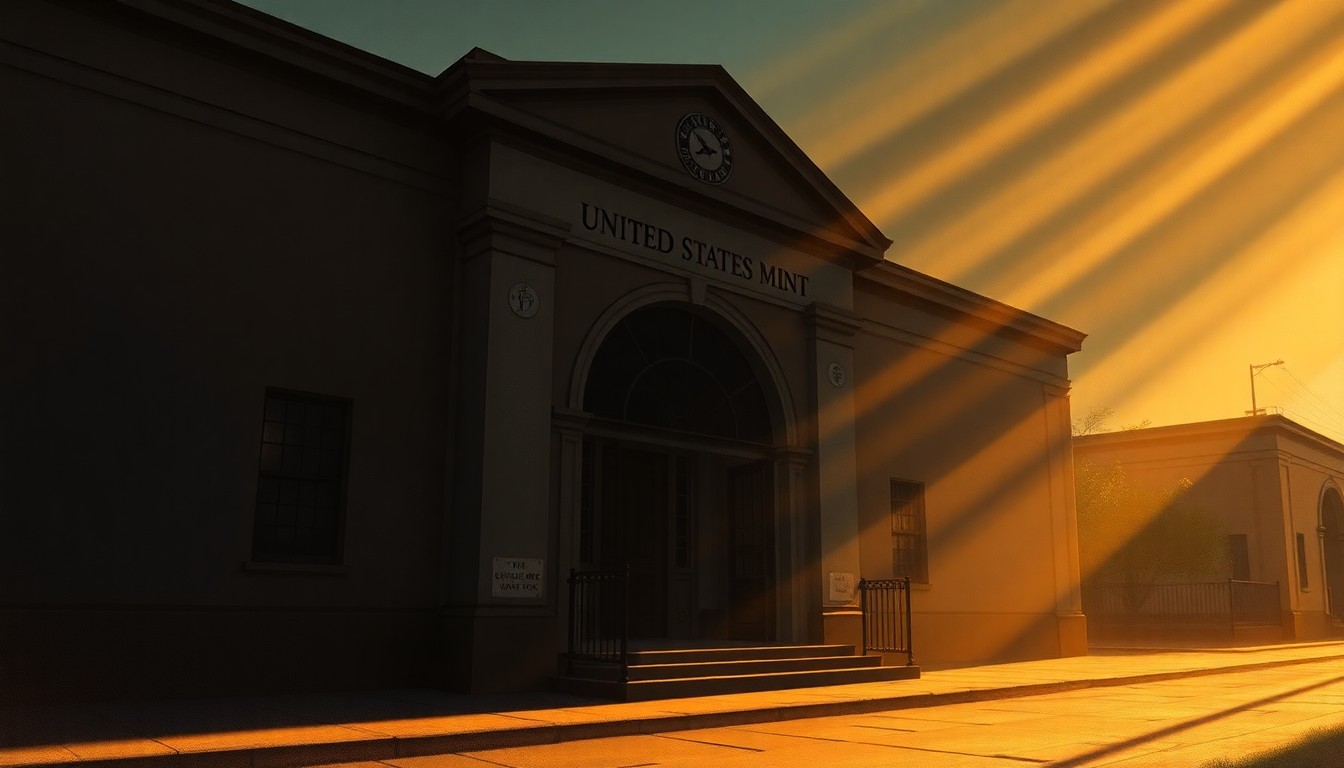 A realistic, cinematic painting of the exterior of a grand, classical-style building with columns and arched windows, bathed in warm, golden sunlight and deep shadows, conveying a sense of tension and uncertainty in the days before the Civil War.