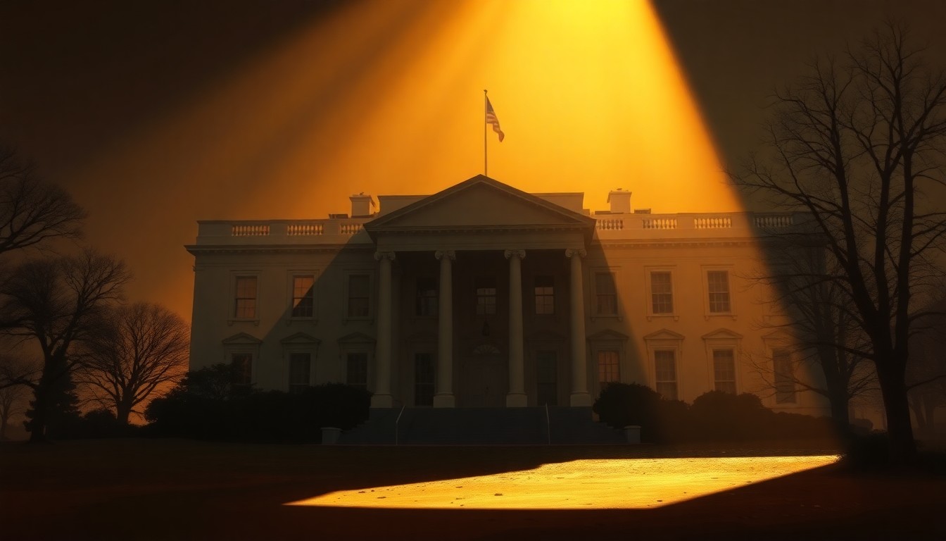 A serene, photorealistic painting of the demolished East Wing of the White House, with the remaining structure cast in warm, golden light and deep shadows, conveying a sense of melancholy and the weight of history.