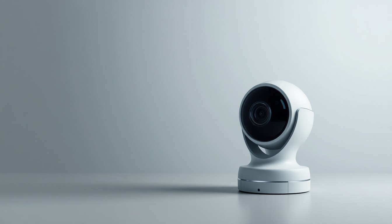 A minimalist studio photograph featuring a polished, modern security camera lens and control panel arranged elegantly on a clean, monochromatic gray background, conceptually representing Cloudastructure's advanced surveillance technology.