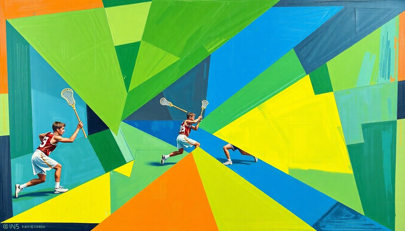 A fractured, multi-perspective painting depicting a high school boys lacrosse game, with sharp geometric shapes and planes of vibrant green, blue, and orange colors, conveying the dynamic energy and strategic depth of the sport.