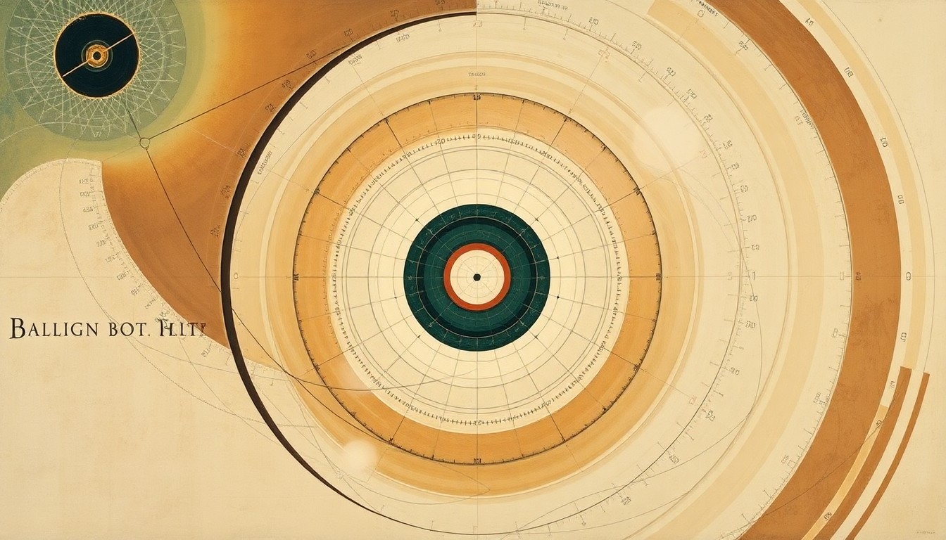 A bold, highly structured abstract painting featuring sweeping geometric arcs, concentric circles, and precise botanical spirals in earthy tones, conceptually representing the complex scientific forces and concepts underlying a researcher's efforts to align Biblical chronology with modern timekeeping.