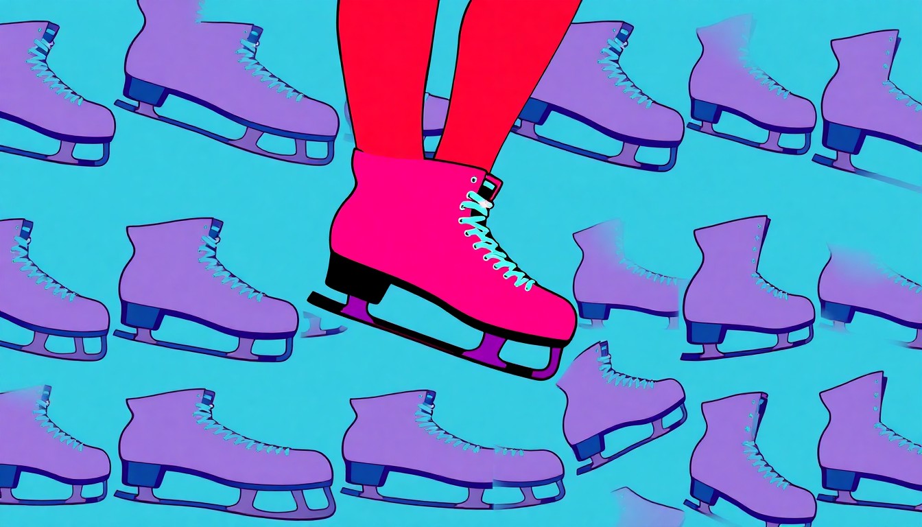 A highly stylized, abstract illustration of a figure skate repeated in a grid pattern, rendered in vibrant neon colors and bold black outlines to capture the celebratory energy of the Figure Skating in Harlem gala.