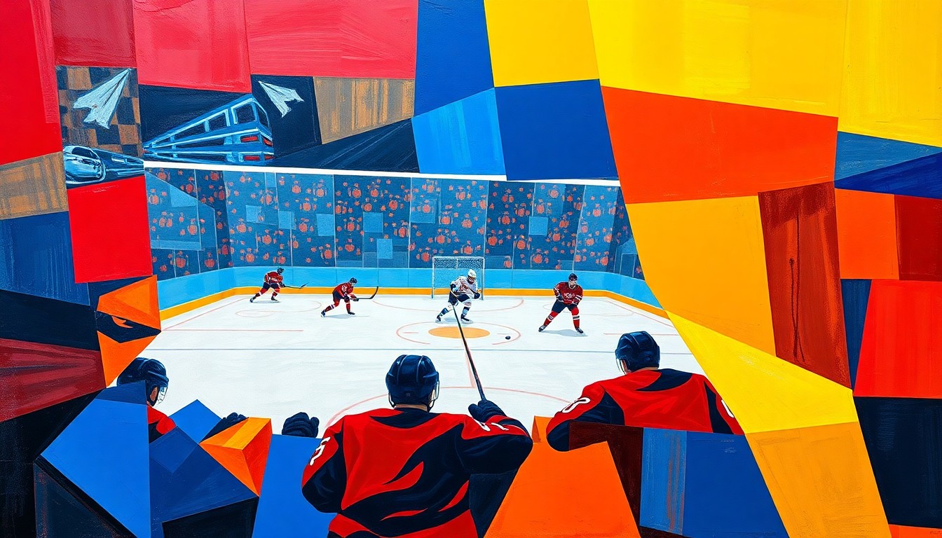 A cubist-style painting depicting a hockey shootout scene, with the players and puck broken down into sharp, overlapping geometric shapes in vibrant colors, capturing the dynamic energy of the moment.