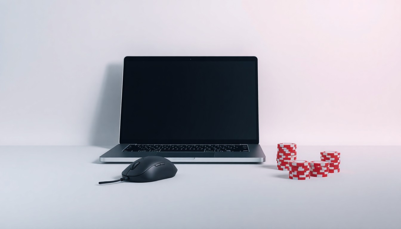A photorealistic studio still-life image featuring a sleek laptop, gaming mouse, and casino chips arranged elegantly on a clean, monochromatic background, conceptually representing the use of advanced technology and data analytics to optimize tribal gaming operations.