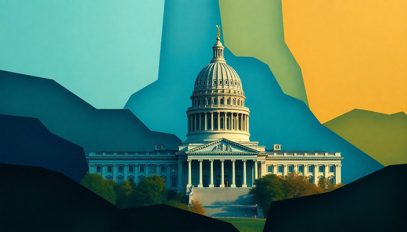 A dynamic, abstract painting featuring the New York state capitol building in Albany, with overlapping geometric shapes and vibrant colors conveying the tension and uncertainty surrounding the state budget process.