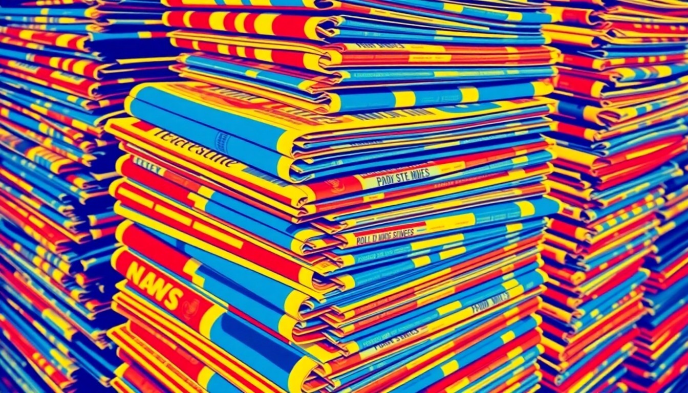 A bold, colorful silkscreen-style illustration featuring a repeating grid of stylized newspaper stacks in bright, contrasting hues, conceptually representing the excitement and energy of a community newspaper promotion.