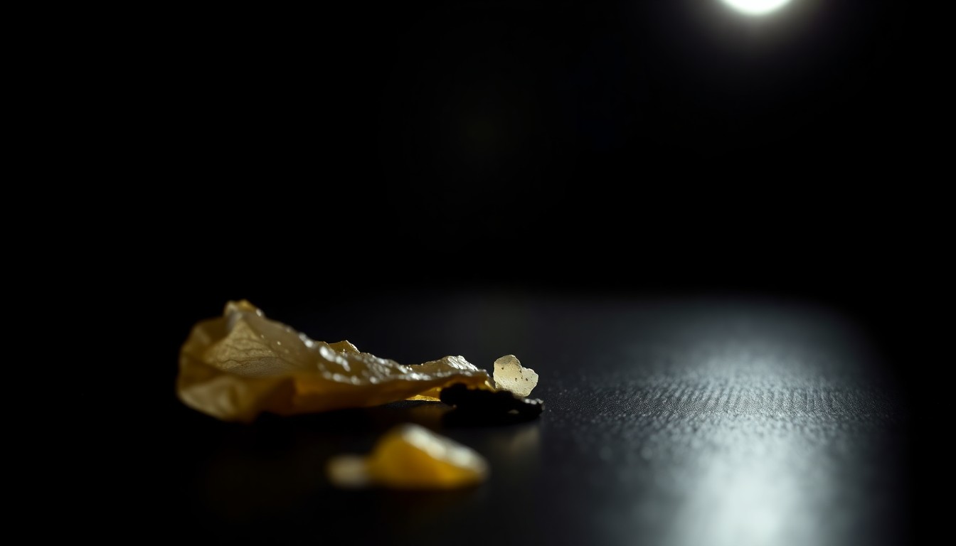 An extreme close-up of a discarded item or trace of a crime scene from the 'Texas Killing Fields' cases, lit by a harsh, direct camera flash against a pitch-black background, creating a stark, investigative aesthetic.
