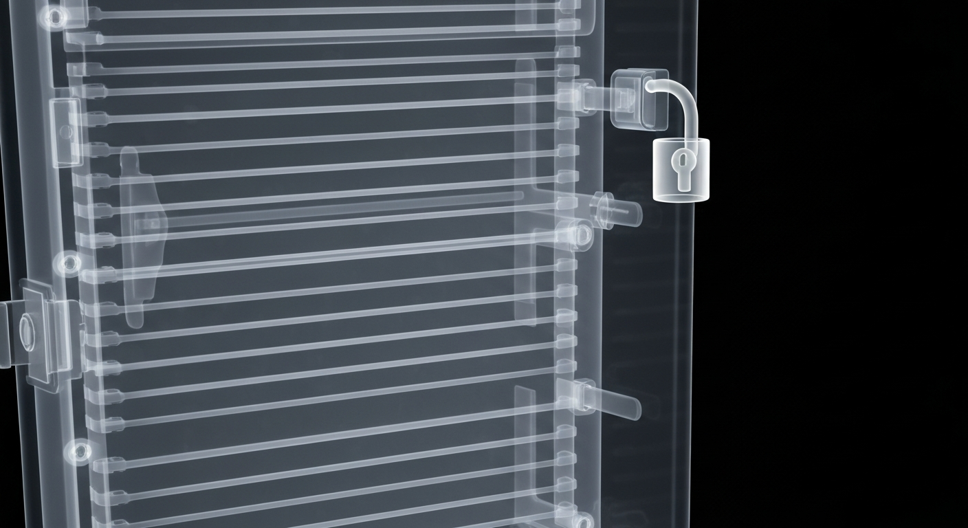 An extreme close-up X-ray photograph revealing the intricate internal structure of a locked medicine cabinet, with glowing ghostly lines against a dark background, conceptually illustrating the complexities of managing controlled substances in a healthcare setting.