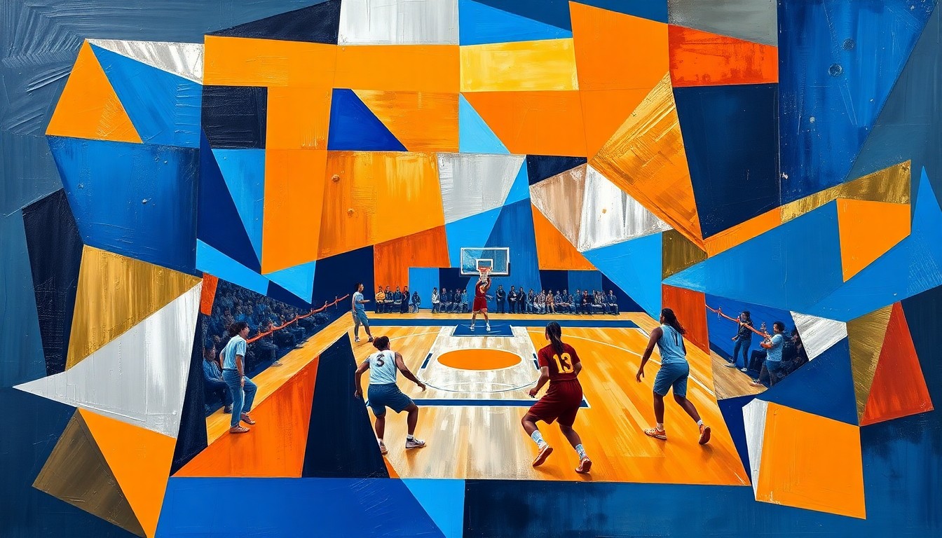 A cubist, geometric painting depicting a women's basketball game, with sharp planes of deep blue, bright orange, and metallic silver overlapping to create a dynamic, fragmented visual composition.
