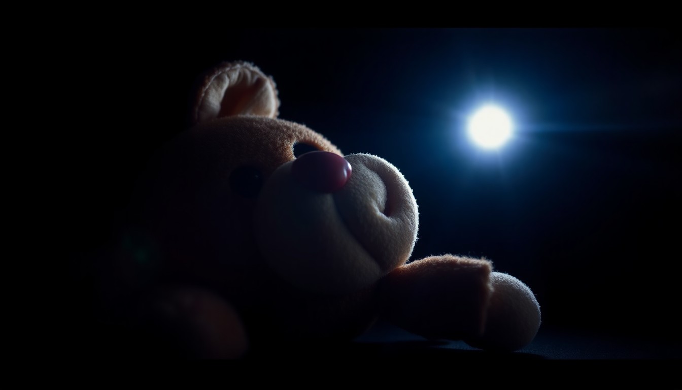 An extreme close-up photograph of a broken doll's plastic eye, lit by a harsh, direct camera flash against a pitch-black background, creating a stark, gritty, investigative aesthetic.