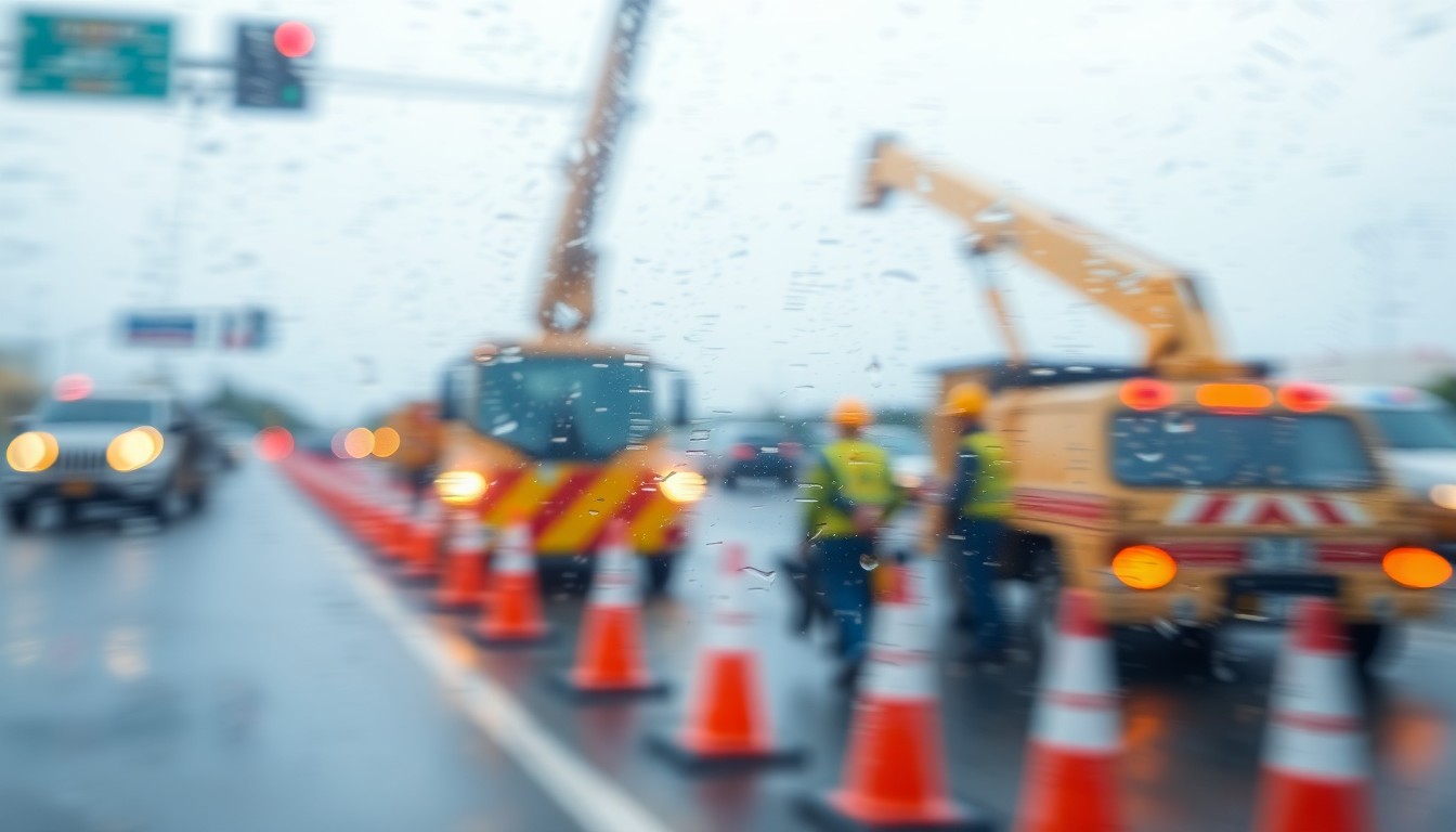 An abstract, out-of-focus image featuring blurred scenes of construction equipment, traffic cones, and road crews, all in a soft, warm color palette, conceptually representing the ongoing infrastructure project to widen a major thoroughfare in North Port, Florida.