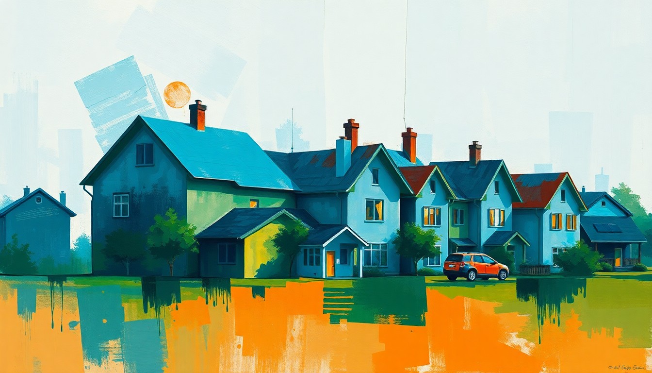 A dynamic, abstract painting featuring overlapping geometric shapes and waves of color in shades of blue, green, and orange, conceptually representing the push to create more inclusive community living arrangements for adults with intellectual and developmental disabilities.