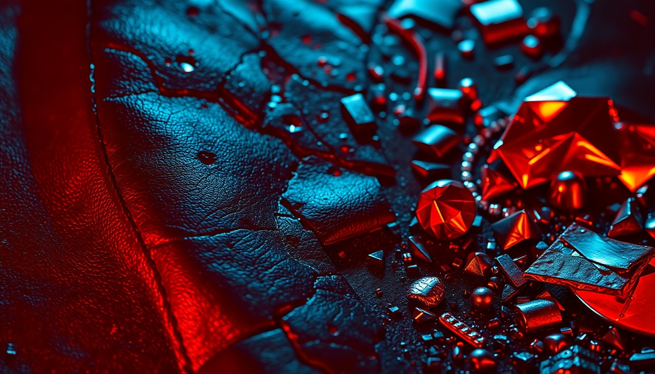 An extreme close-up photograph of shattered glass, cracked leather, and metallic surfaces bathed in dramatic, high-contrast lighting, conceptually representing the gritty, film noir aesthetic of Quentin Tarantino's upcoming movie.