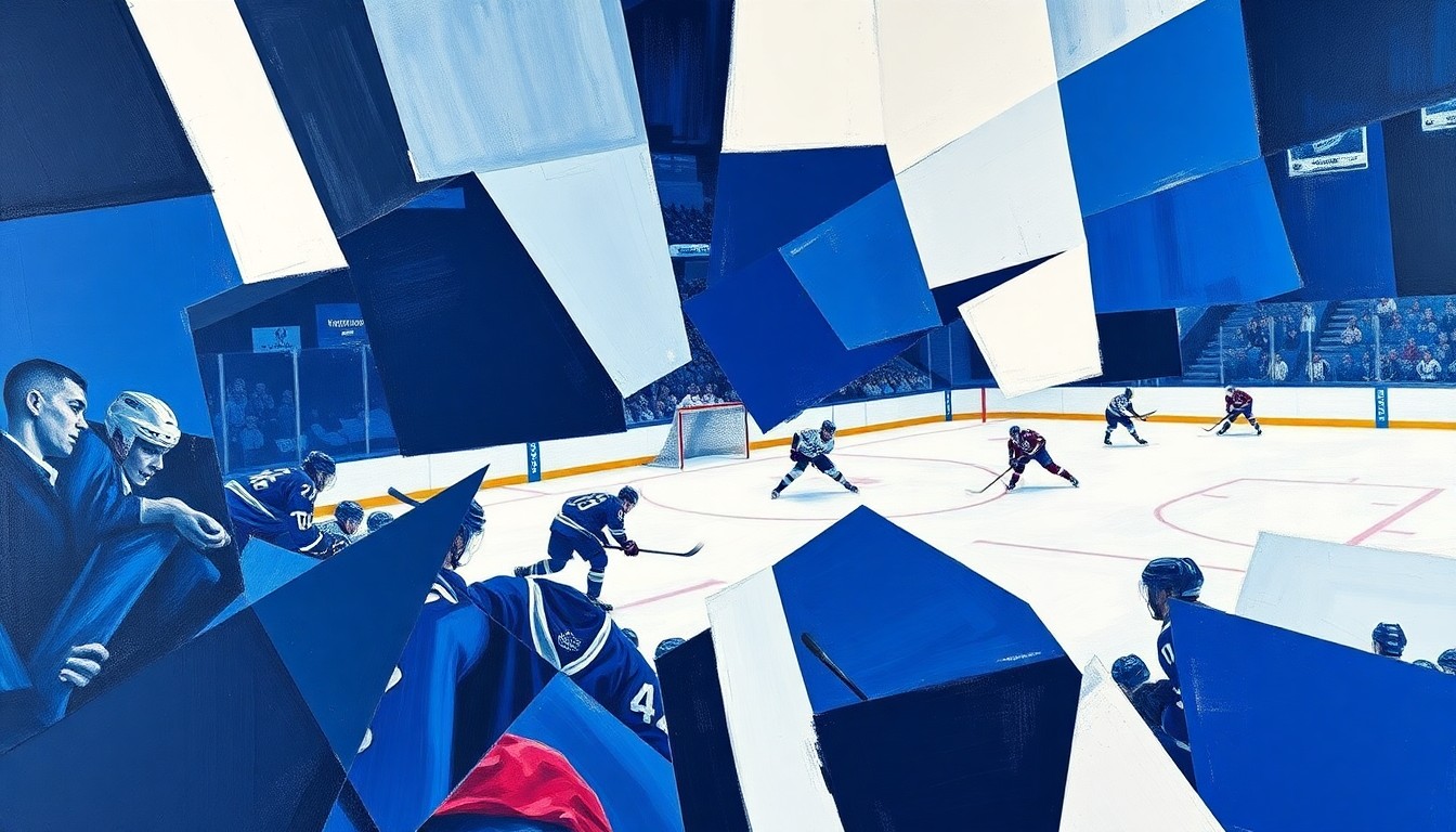 A fragmented, geometric painting depicting a professional hockey game, with players and the rink broken down into sharp, overlapping planes of navy, royal blue, and white, capturing the dynamic energy of the sport.