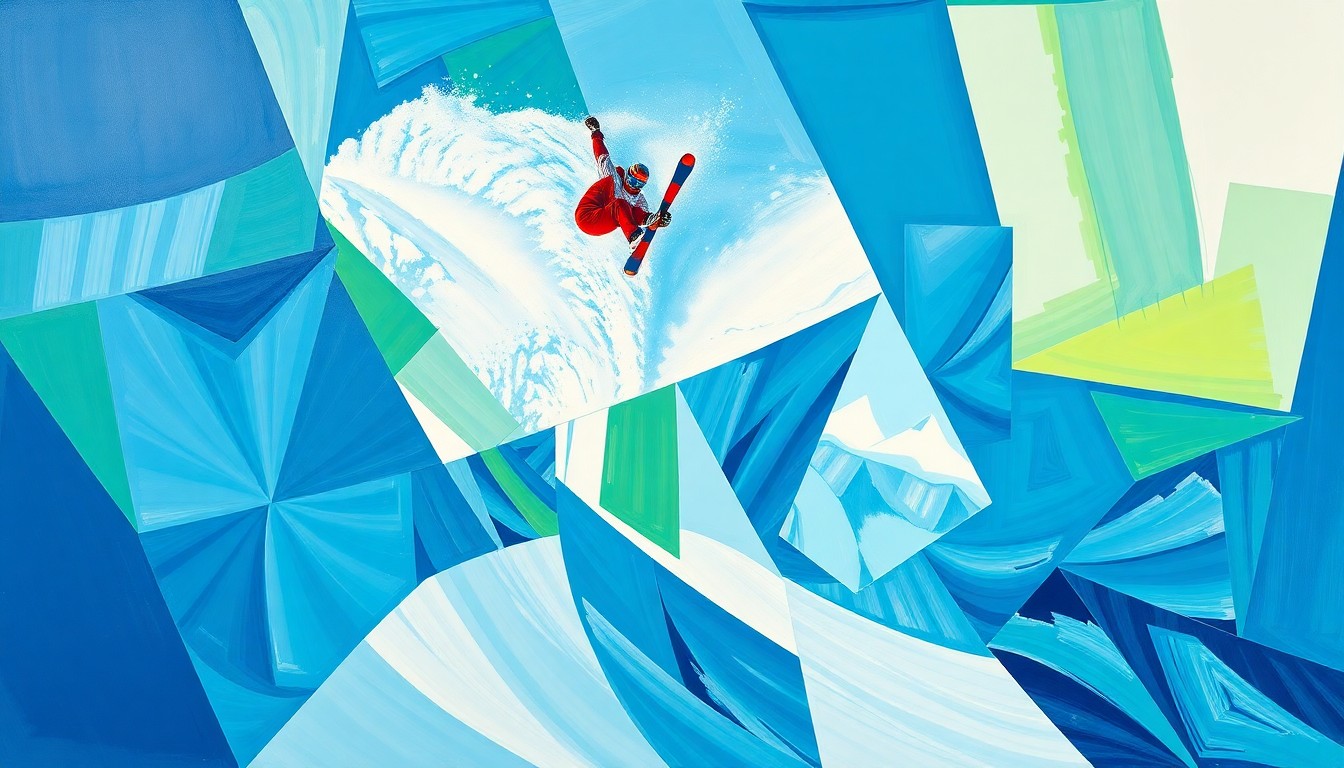 A fractured, cubist-style painting depicting a snowboarding halfpipe competition, with sharp geometric planes of color representing the dynamic motion and energy of the event.